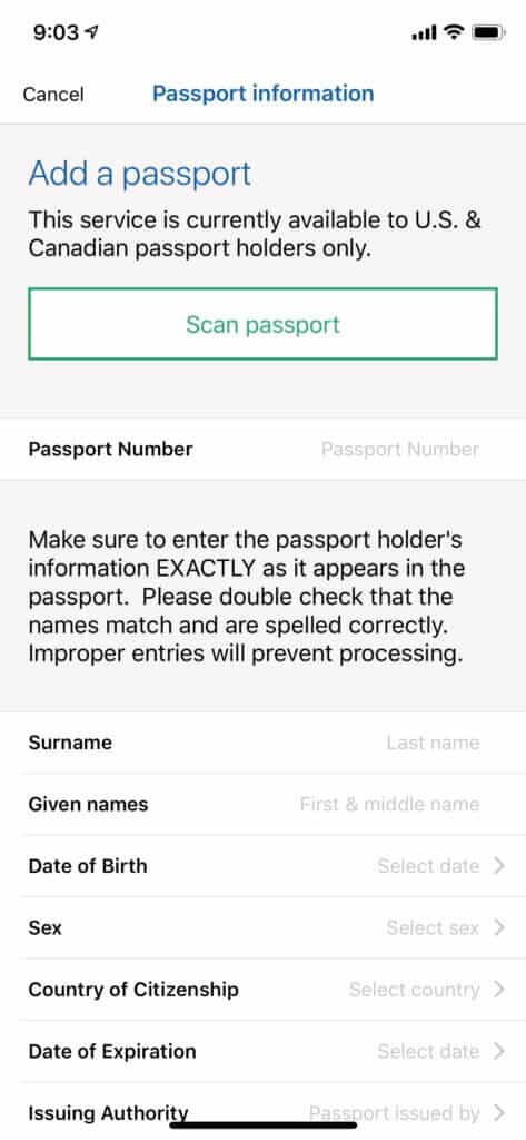 mobile passport information screen